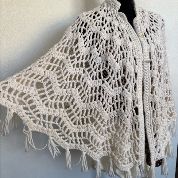 Boho Hand-Crocheted Fringe Shawl Cardigan | Open Knit Poncho | One Size - Picture 6 of 6